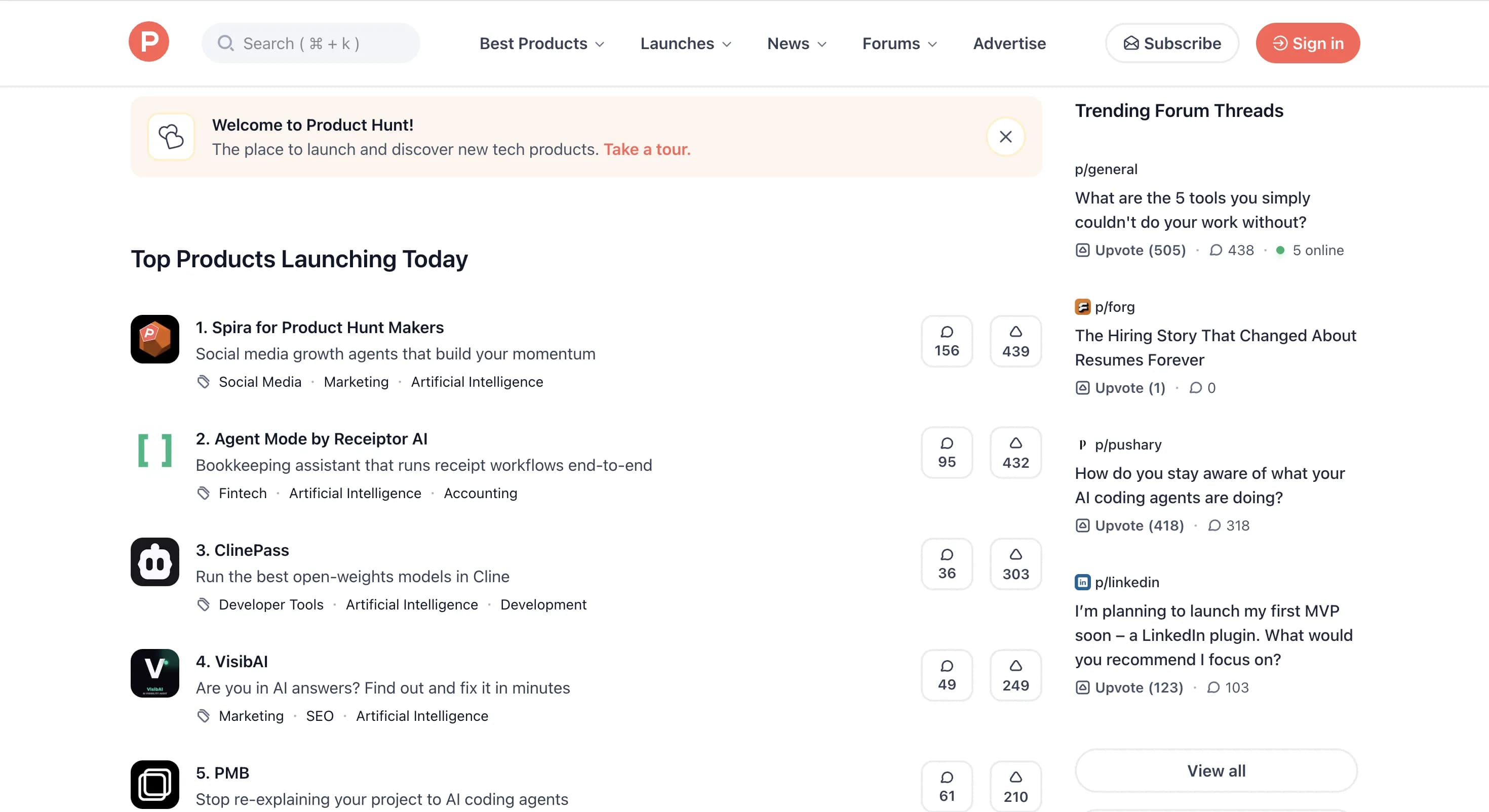 Product Hunt homepage showing top products launching today, vote counts, comments, and trending forum threads.